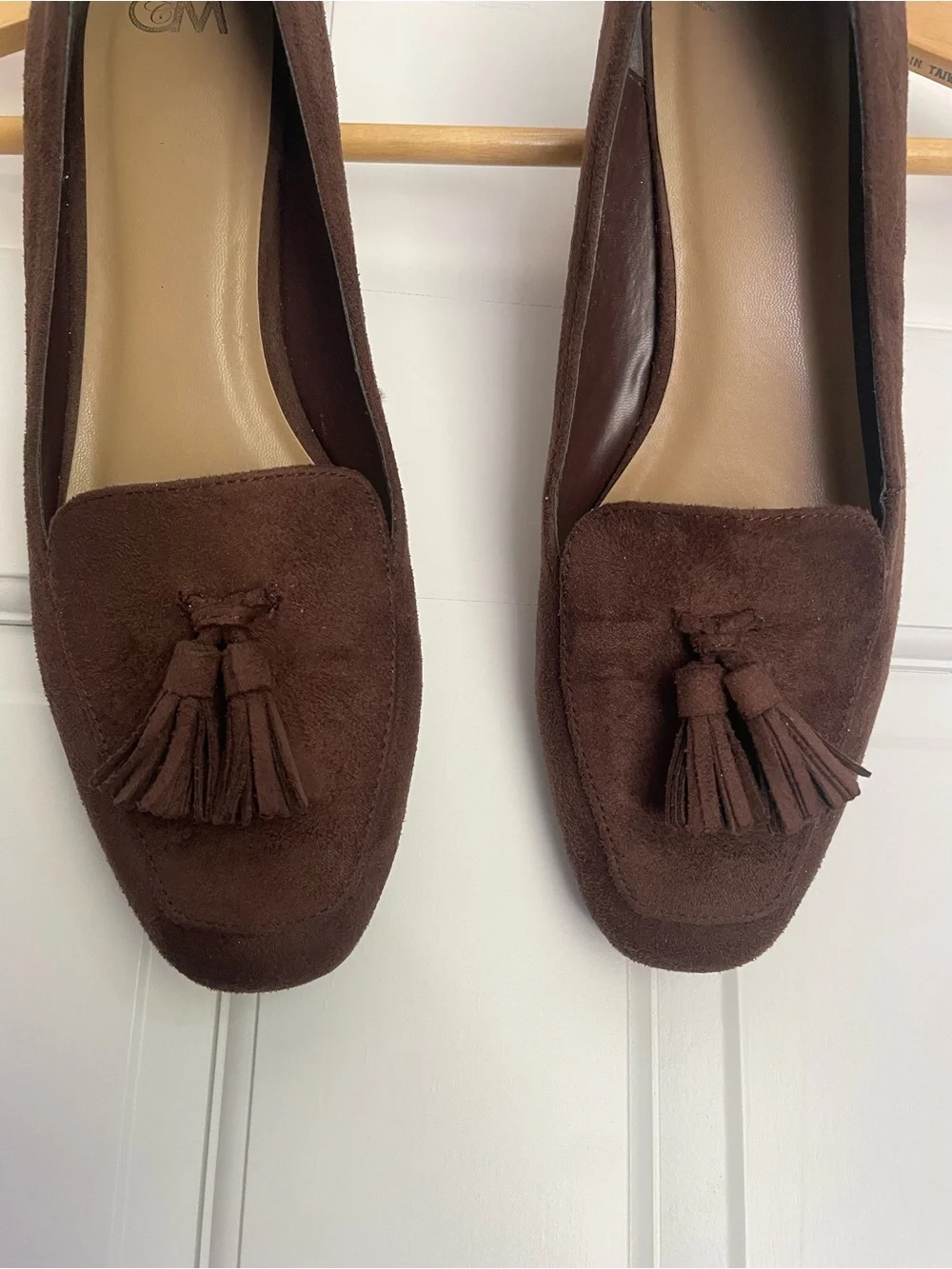 Chocolate brown suede chunky heeled loafers with tassels